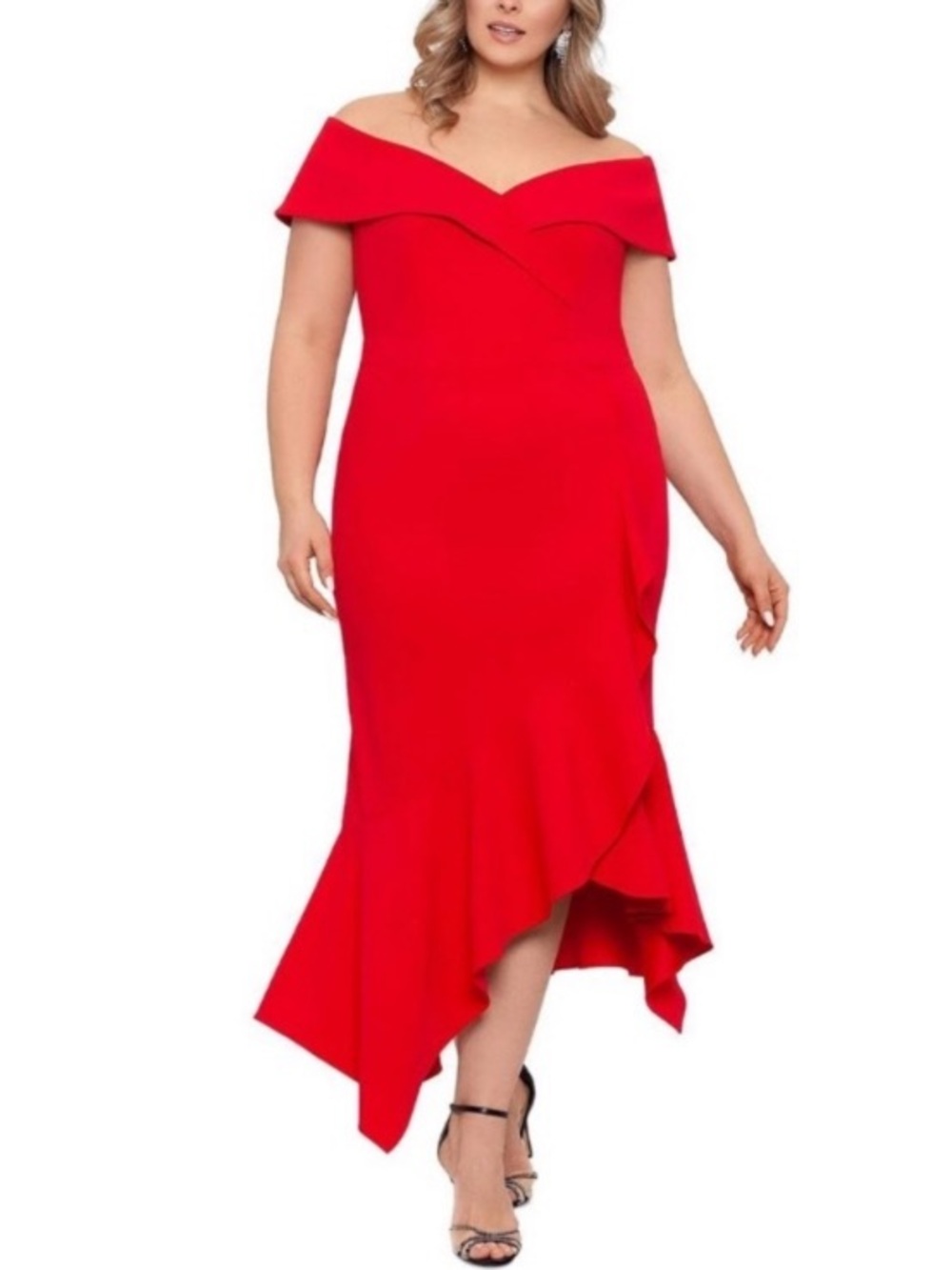 XSCAPE Red Off-Shoulder Hi Low Ruffled Midi Cocktail Crepe Dress Women’s 20W